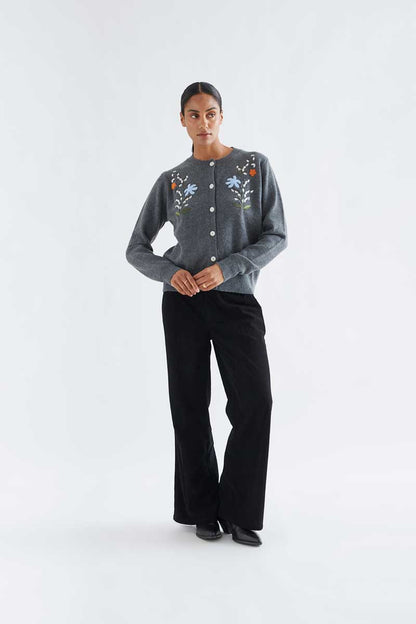 Grey wool blend cardigan with floral embroidery