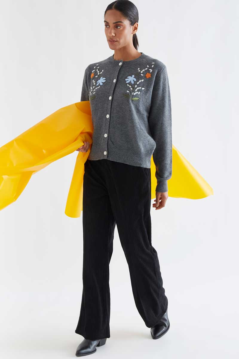 Grey wool blend cardigan with floral embroidery