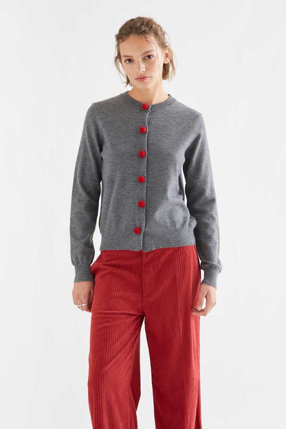 Grey cardigan with red pompoms
