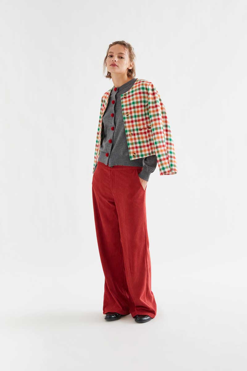 Grey cardigan with red pompoms