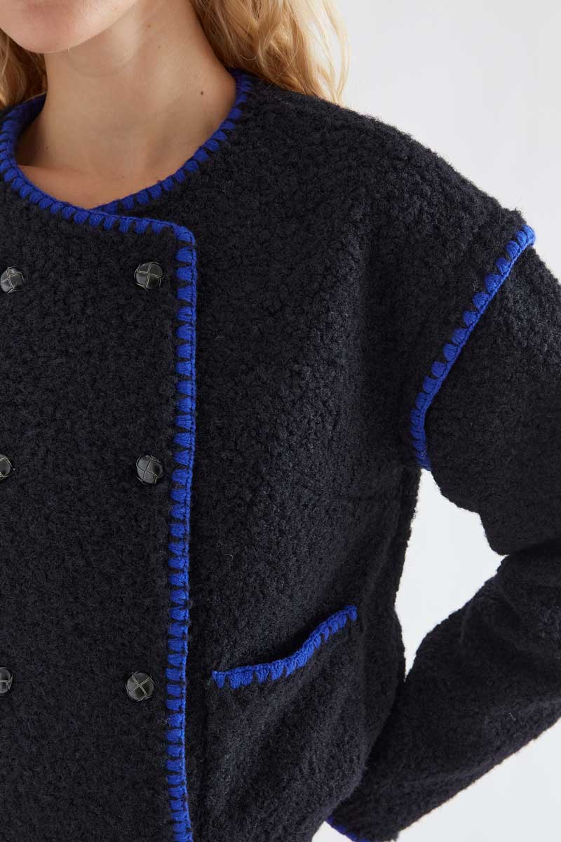 Navy blue curly faux fur short coat