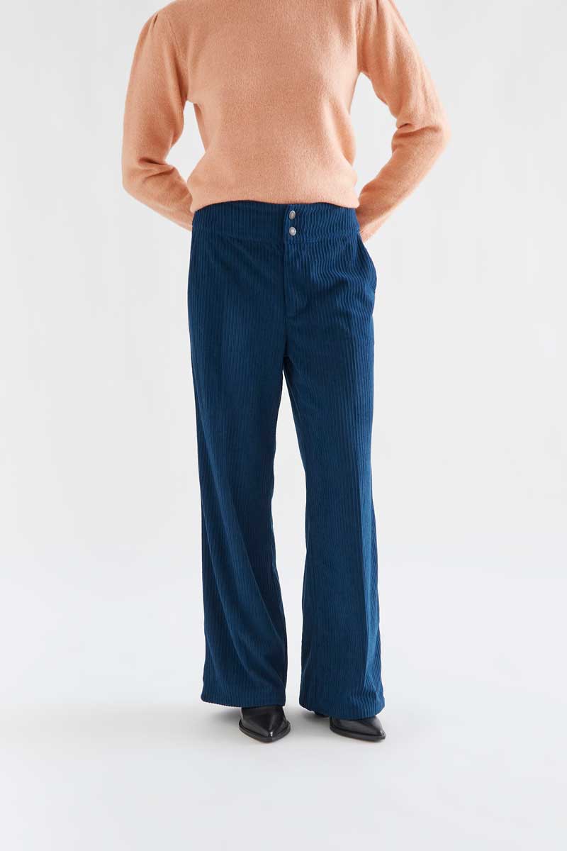 Navy blue double-button corduroy trousers