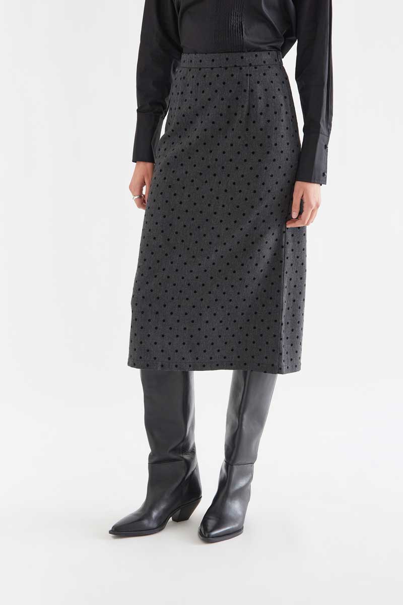 Gray tweed midi skirt with black knit