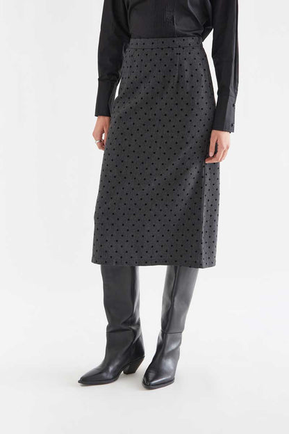 Gray tweed midi skirt with black knit