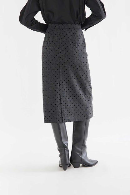 Gray tweed midi skirt with black knit