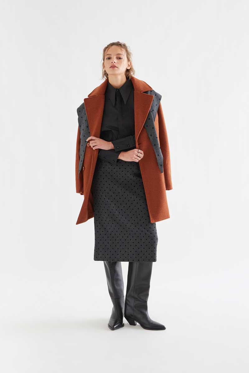 Gray tweed midi skirt with black knit