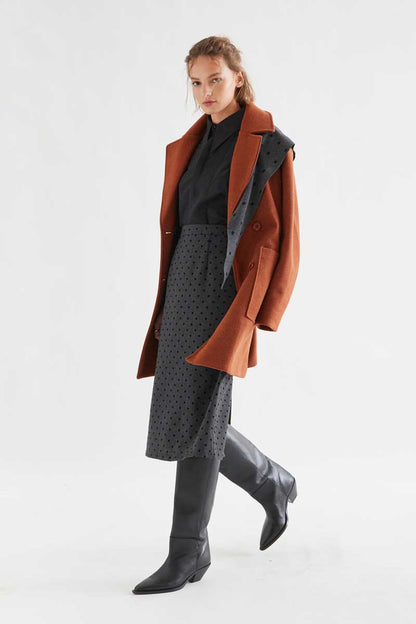 Gray tweed midi skirt with black knit