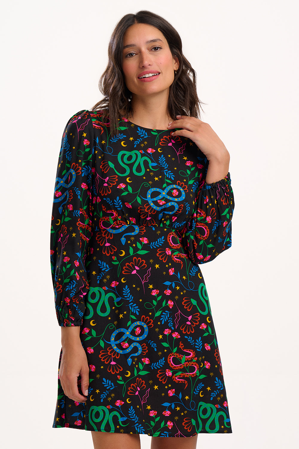 Janet Mini Dress - Black, Snake Floral