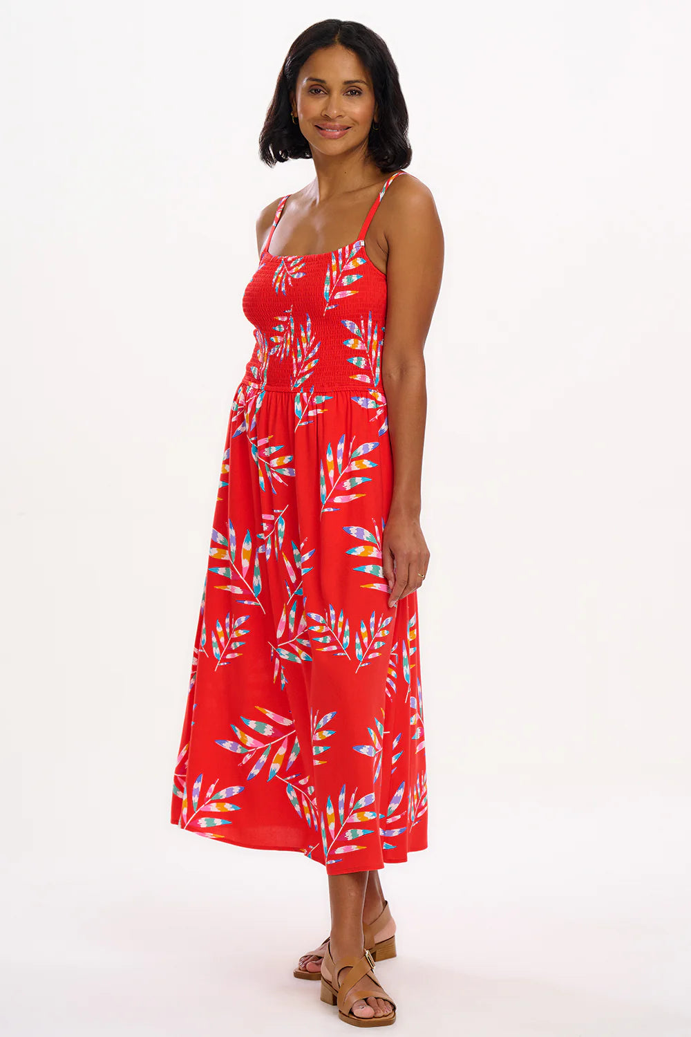 Christabel Shirred Midi Dress - Red, Rainbow Fronds