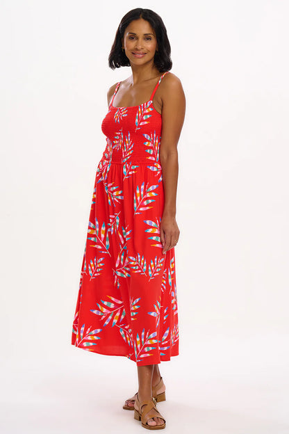 Christabel Shirred Midi Dress - Red, Rainbow Fronds