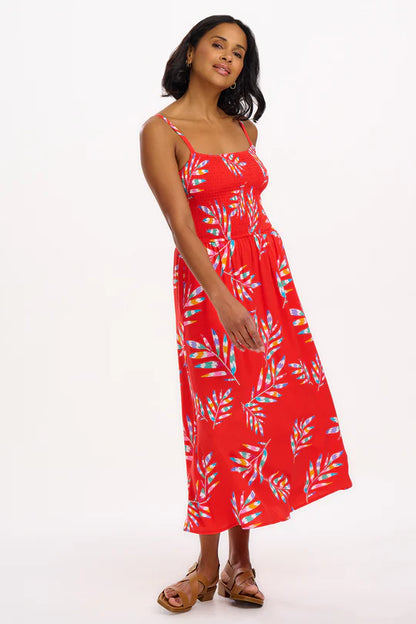 Christabel Shirred Midi Dress - Red, Rainbow Fronds