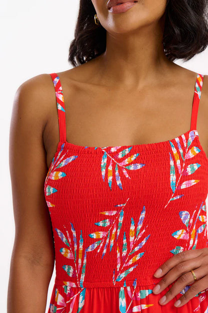Christabel Shirred Midi Dress - Red, Rainbow Fronds