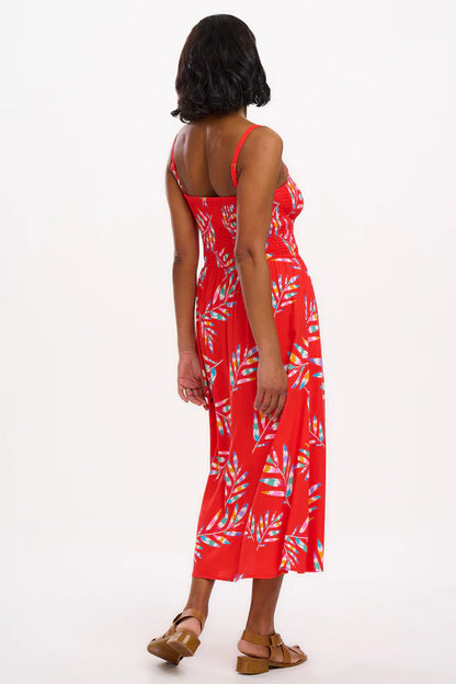 Christabel Shirred Midi Dress - Red, Rainbow Fronds