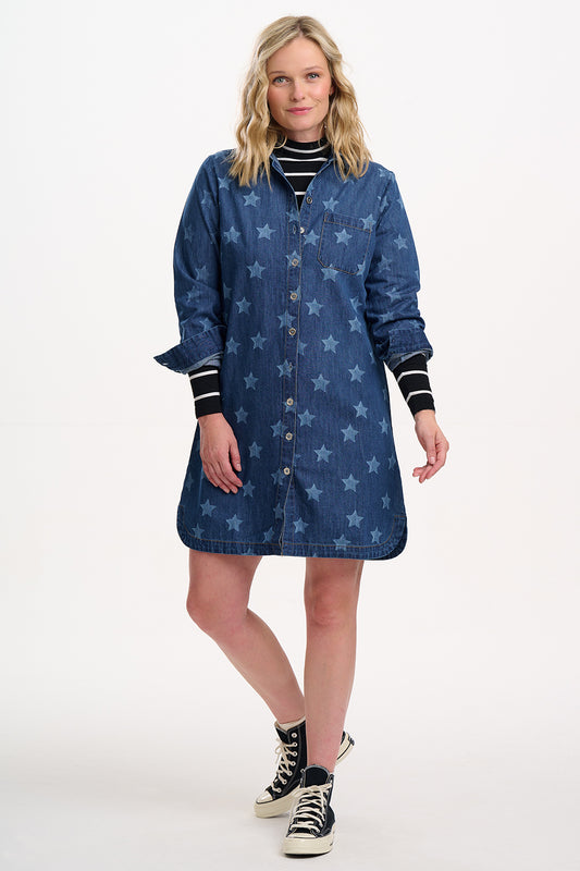 Ilsa Mini Shirt Dress - Mid Blue Denim, Bleached Stars