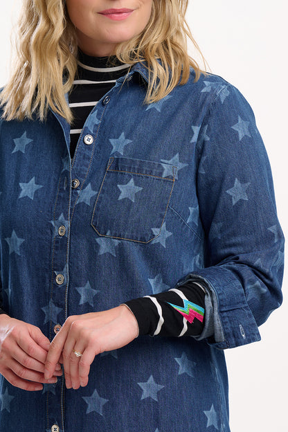 Ilsa Mini Shirt Dress - Mid Blue Denim, Bleached Stars
