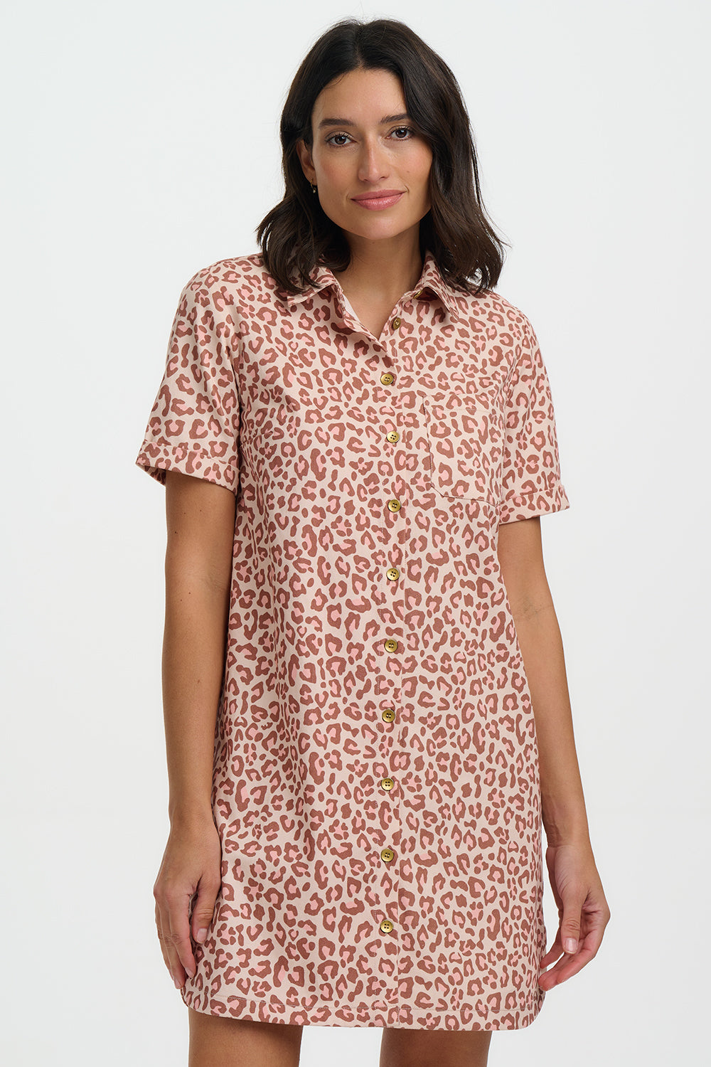 Zoe Mini Shirt Dress - Stone, Classic Leopard