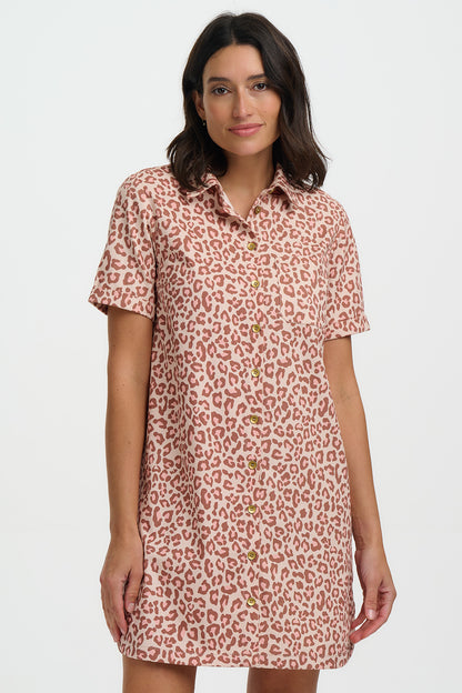 Zoe Mini Shirt Dress - Stone, Classic Leopard