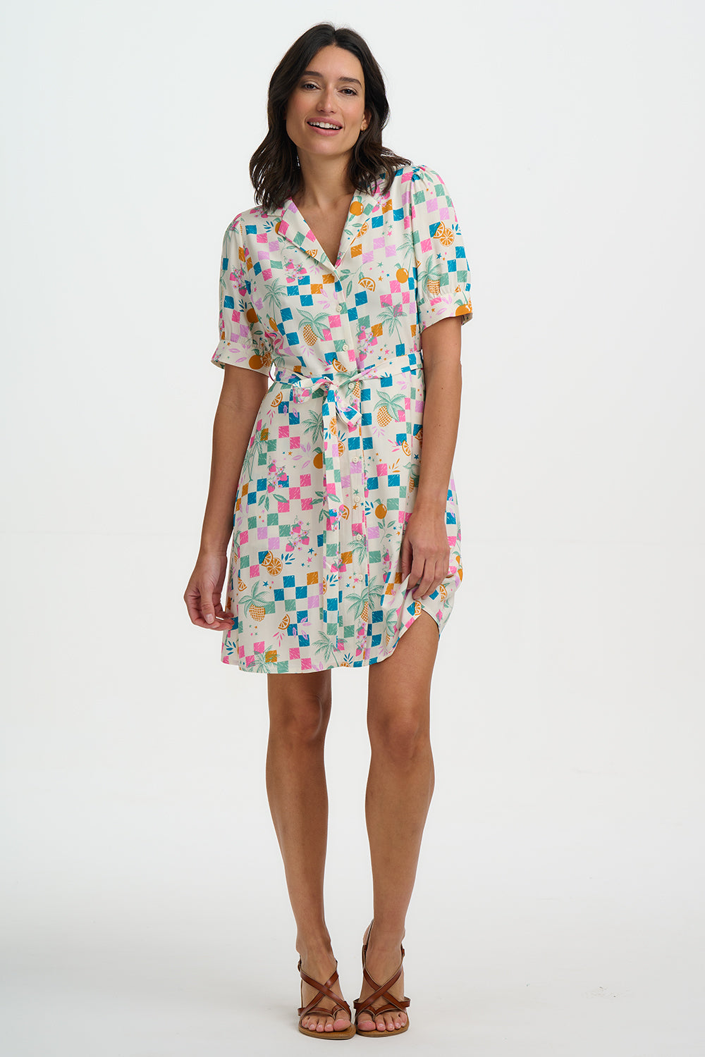 Rebekka Mini Shirt Dress - Off White, Fruit Checkerboard