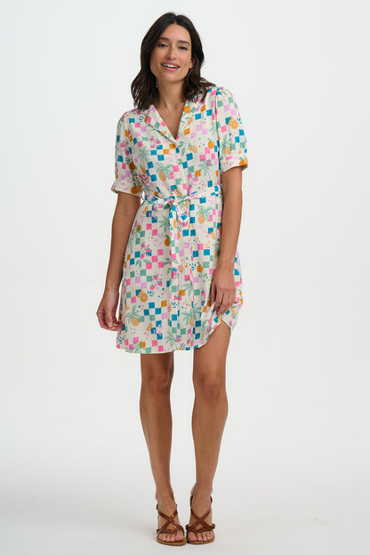 Rebekka Mini Shirt Dress - Off White, Fruit Checkerboard