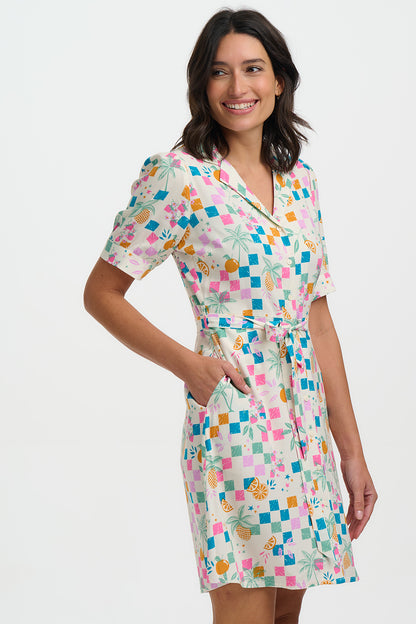 Rebekka Mini Shirt Dress - Off White, Fruit Checkerboard