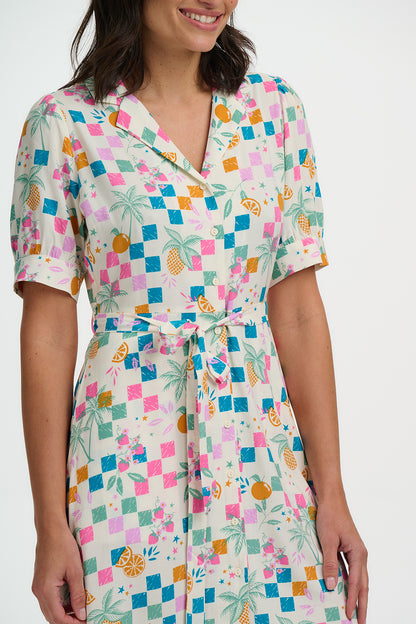 Rebekka Mini Shirt Dress - Off White, Fruit Checkerboard