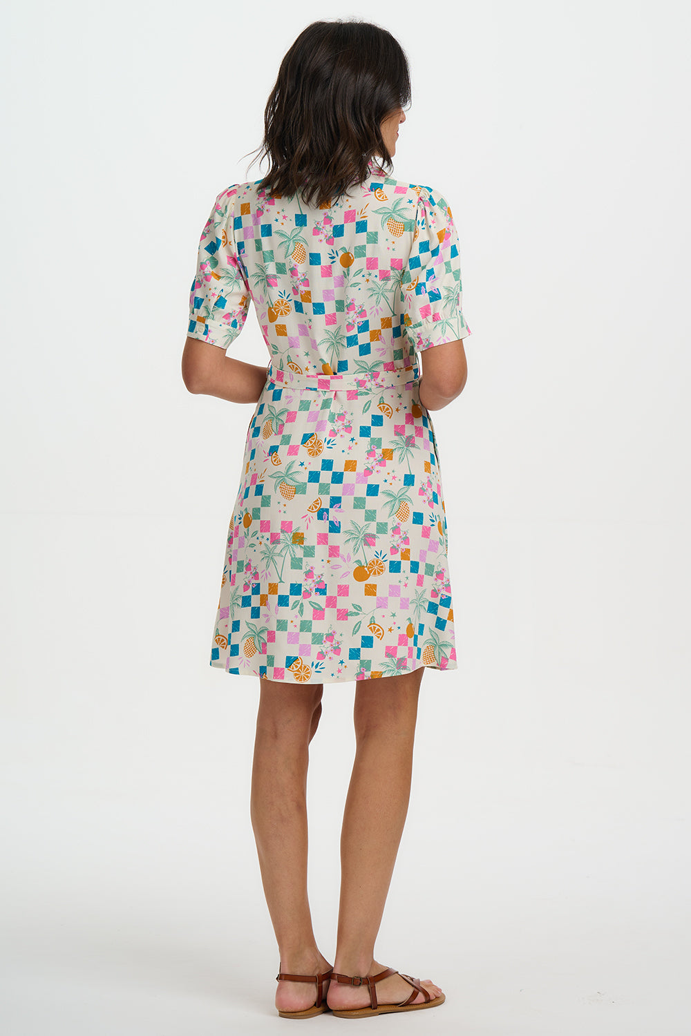 Rebekka Mini Shirt Dress - Off White, Fruit Checkerboard