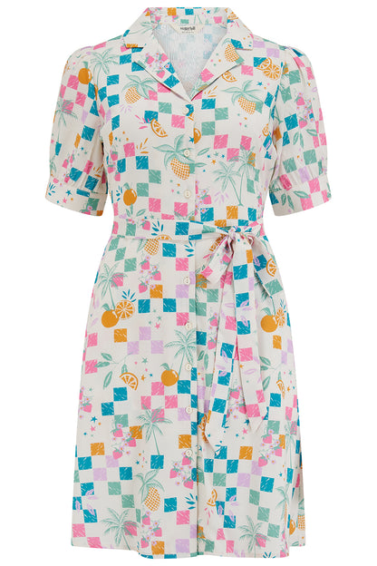 Rebekka Mini Shirt Dress - Off White, Fruit Checkerboard