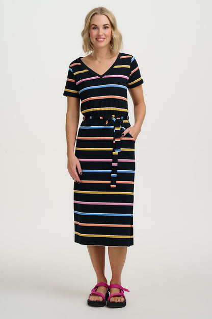 Mara V-Neck Jersey Dress - Black, Cocktail Stripe