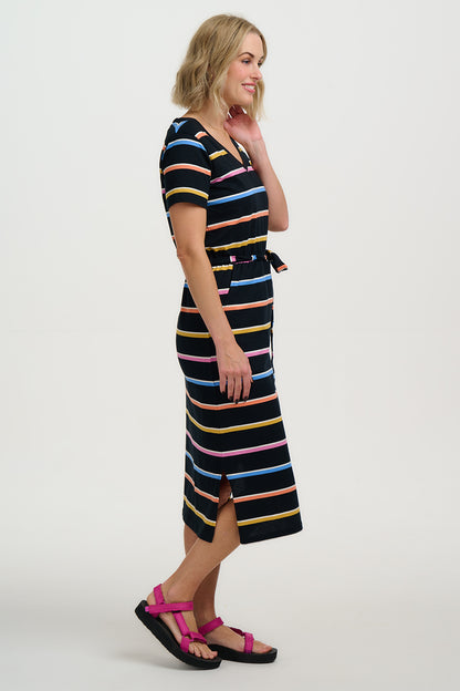 Mara V-Neck Jersey Dress - Black, Cocktail Stripe
