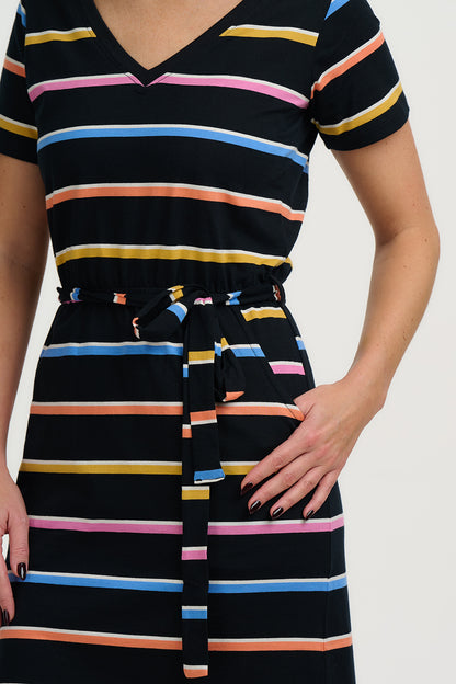Mara V-Neck Jersey Dress - Black, Cocktail Stripe