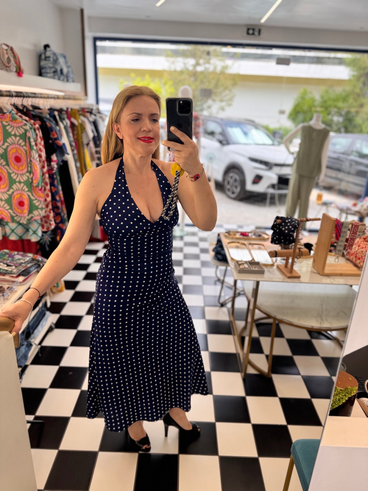 Long dress with blue mini dot print