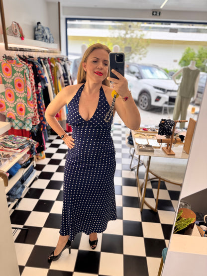 Long dress with blue mini dot print