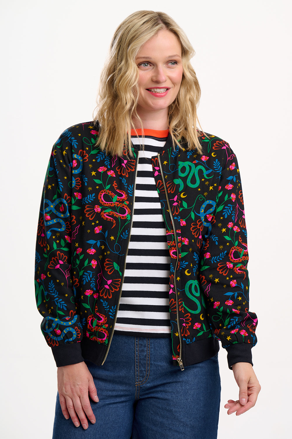 Bobbi Bomber Jacket - Black, Snake Floral