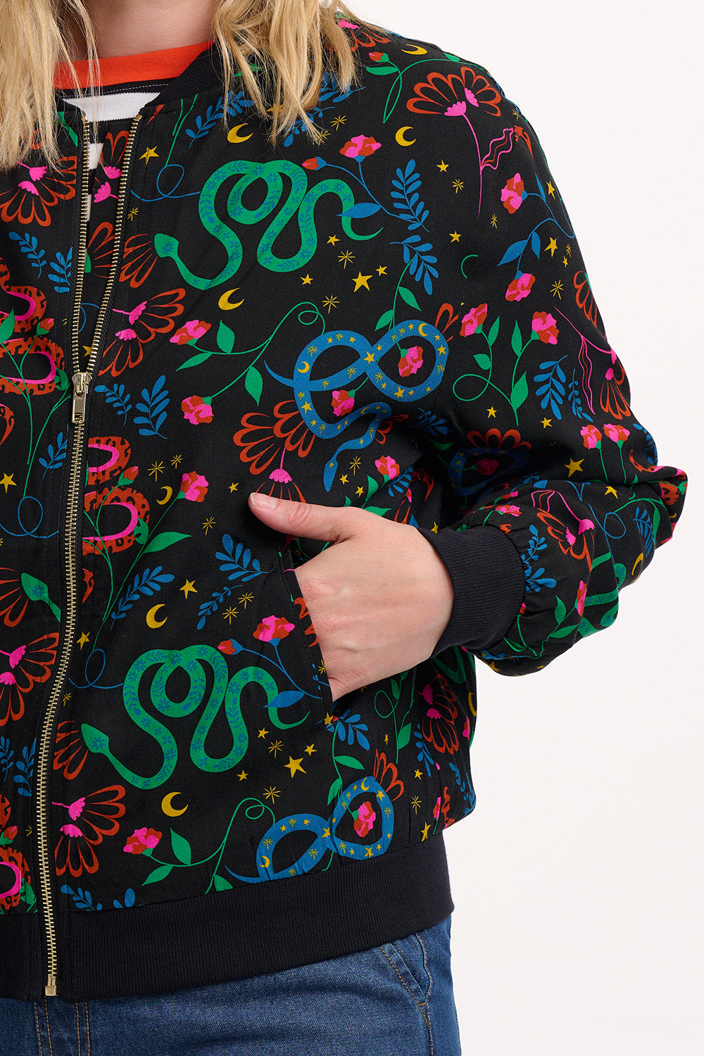 Bobbi Bomber Jacket - Black, Snake Floral