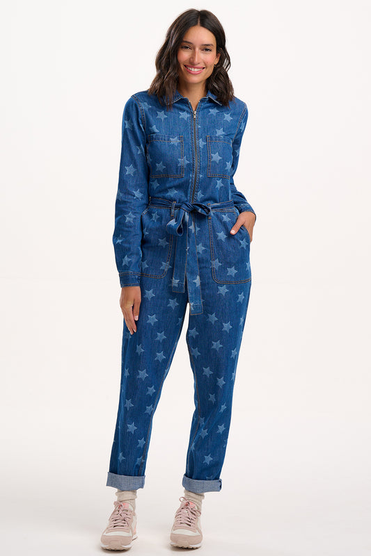 Anwen Boilersuit - Mid Blue Denim, Bleached Stars