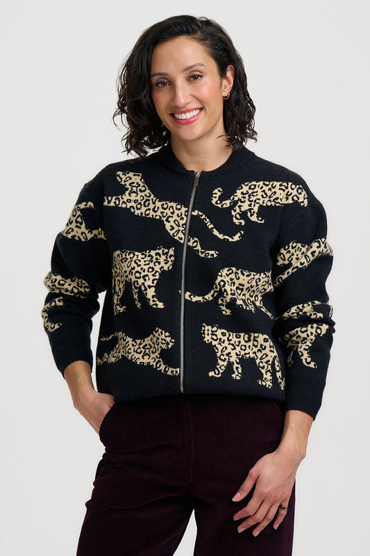 Sugarhill Brighton Solana Μαύρο Πλεκτό Bomber με Leopard
