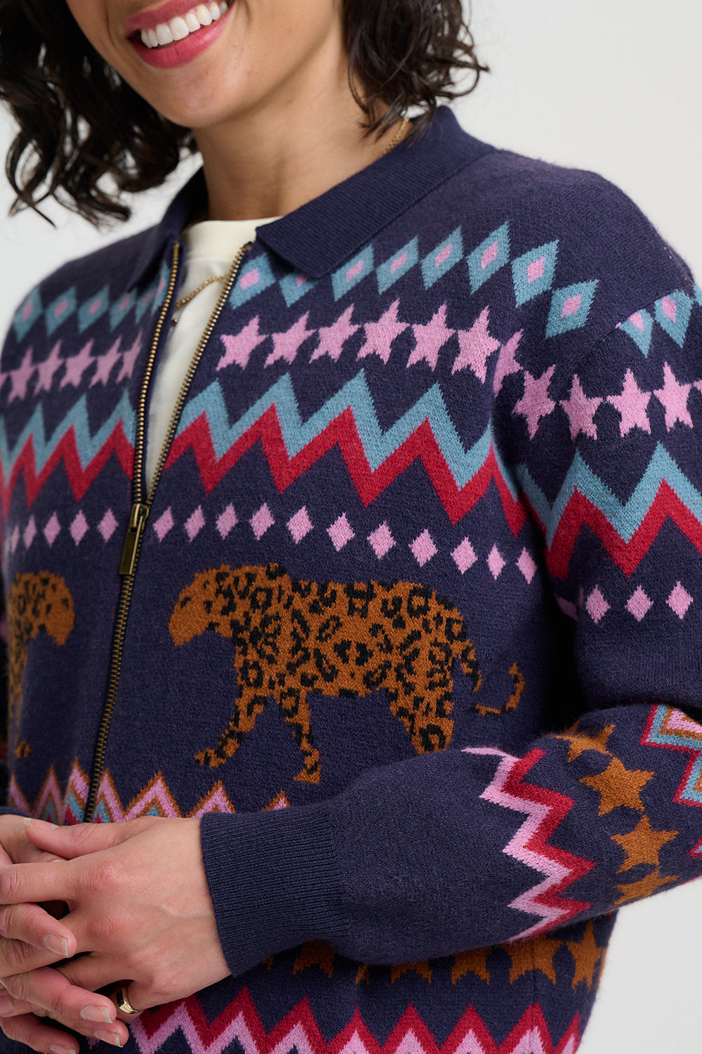 Sugarhill Brighton Katlin Μπλε Πλεκτό Bomber με Leopard