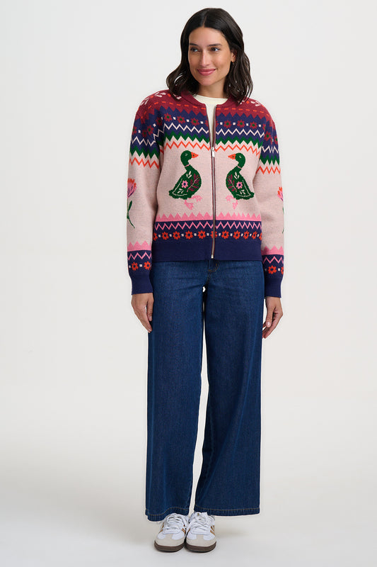 Sugarhill Brighton Solana Ροζ Πλεκτό Bomber με Πάπιες
