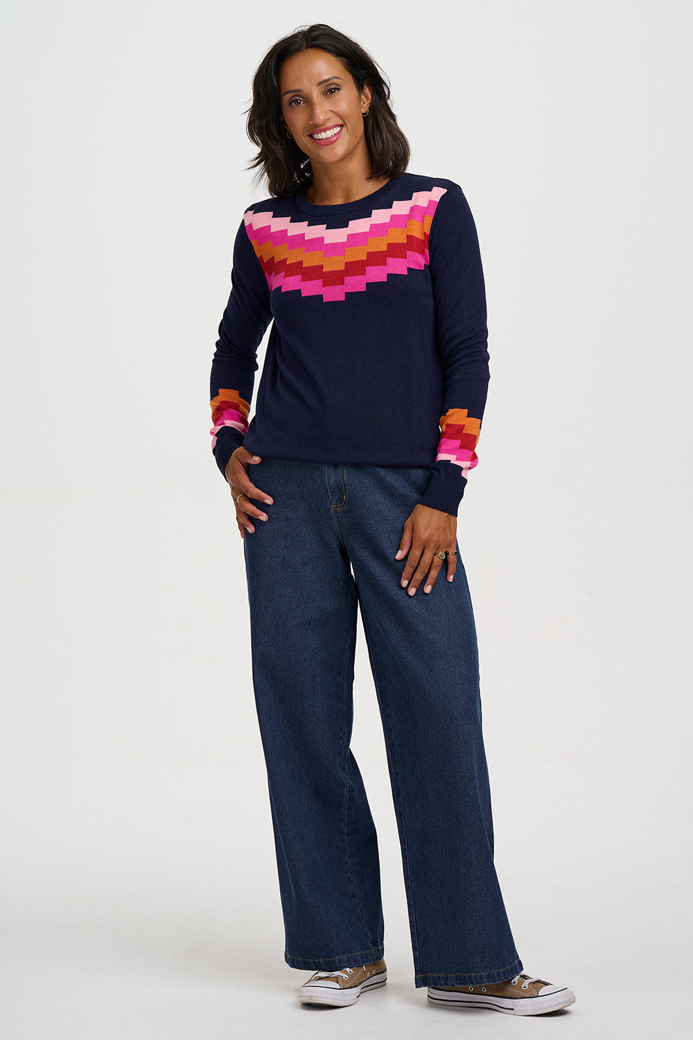 Sugarhill Brighton Rita Μπλε Πλεκτή Μπλούζα με Chevron Print