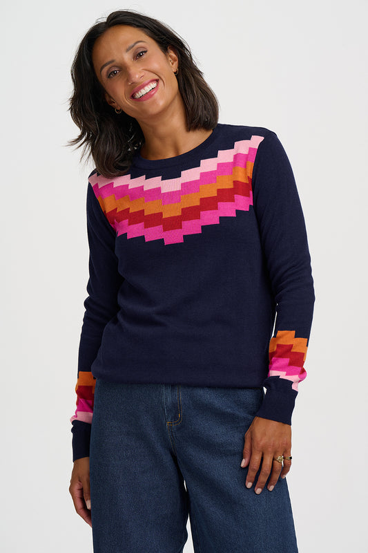 Sugarhill Brighton Rita Μπλε Πλεκτή Μπλούζα με Chevron Print
