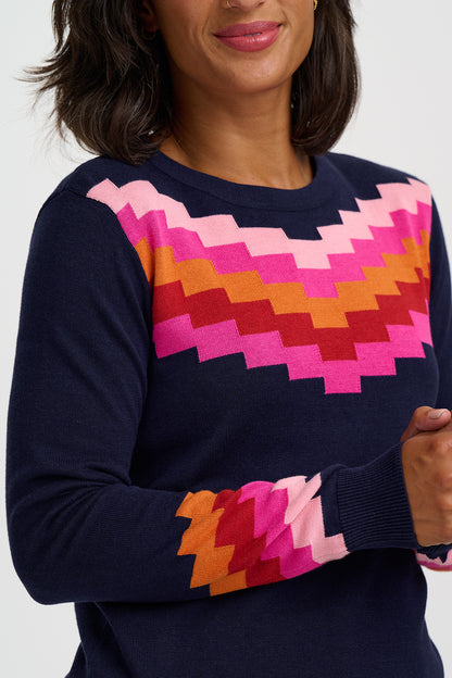 Sugarhill Brighton Rita Μπλε Πλεκτή Μπλούζα με Chevron Print