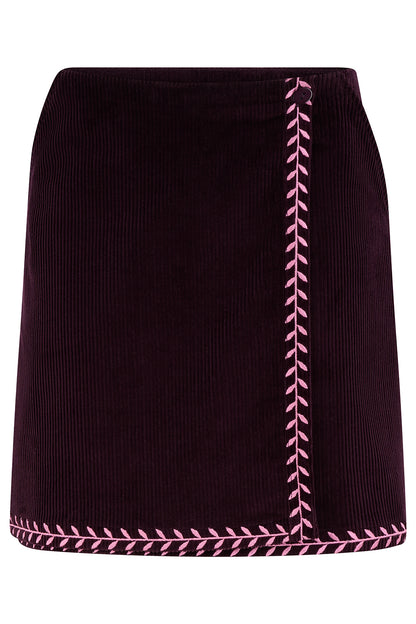 Suzie Cord Short Skirt Dark Plum Embroidered