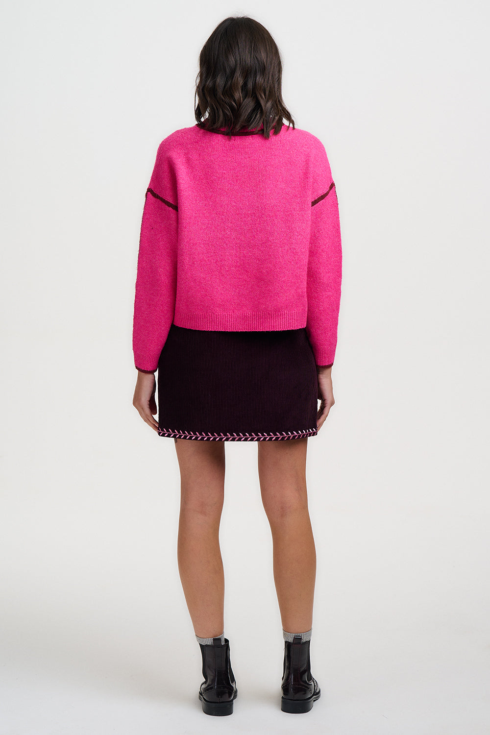 Suzie Cord Short Skirt Dark Plum Embroidered