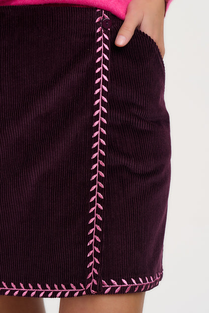 Suzie Cord Short Skirt Dark Plum Embroidered