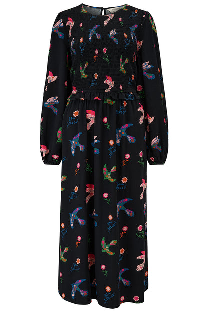 Darcie Shirred Midi Dress - Black, Rainbow Folk Bird