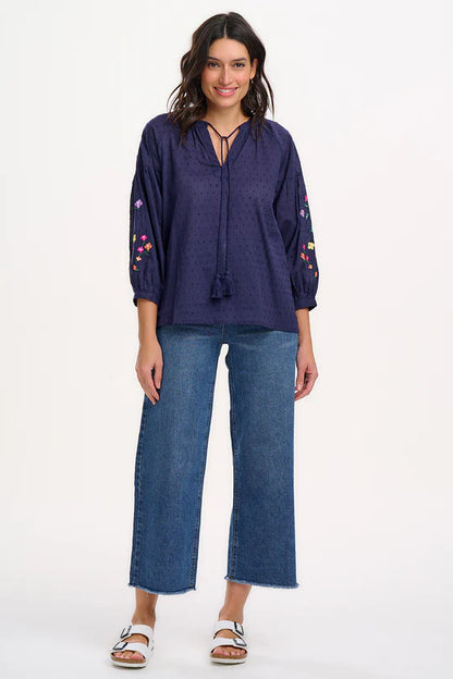 Delphi Boho Top - Navy, Rainbow Flowers