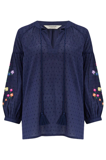 Delphi Boho Top - Navy, Rainbow Flowers