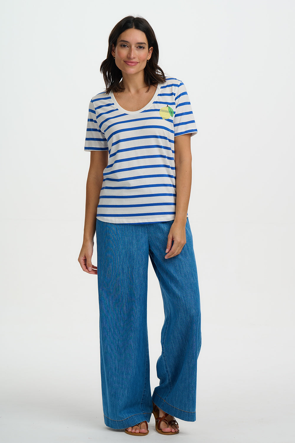 Sylvie Scoop Neck T-Shirt - Off White/Blue , Stripes & Lemon