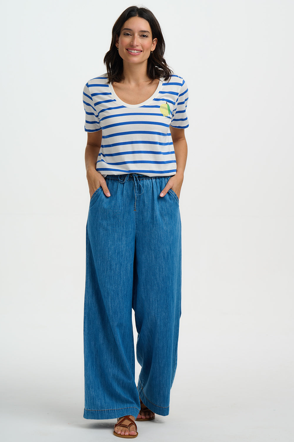 Sylvie Scoop Neck T-Shirt - Off White/Blue , Stripes & Lemon