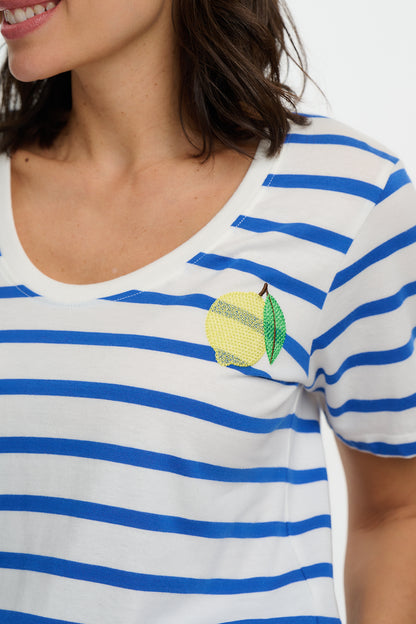 Sylvie Scoop Neck T-Shirt - Off White/Blue , Stripes & Lemon